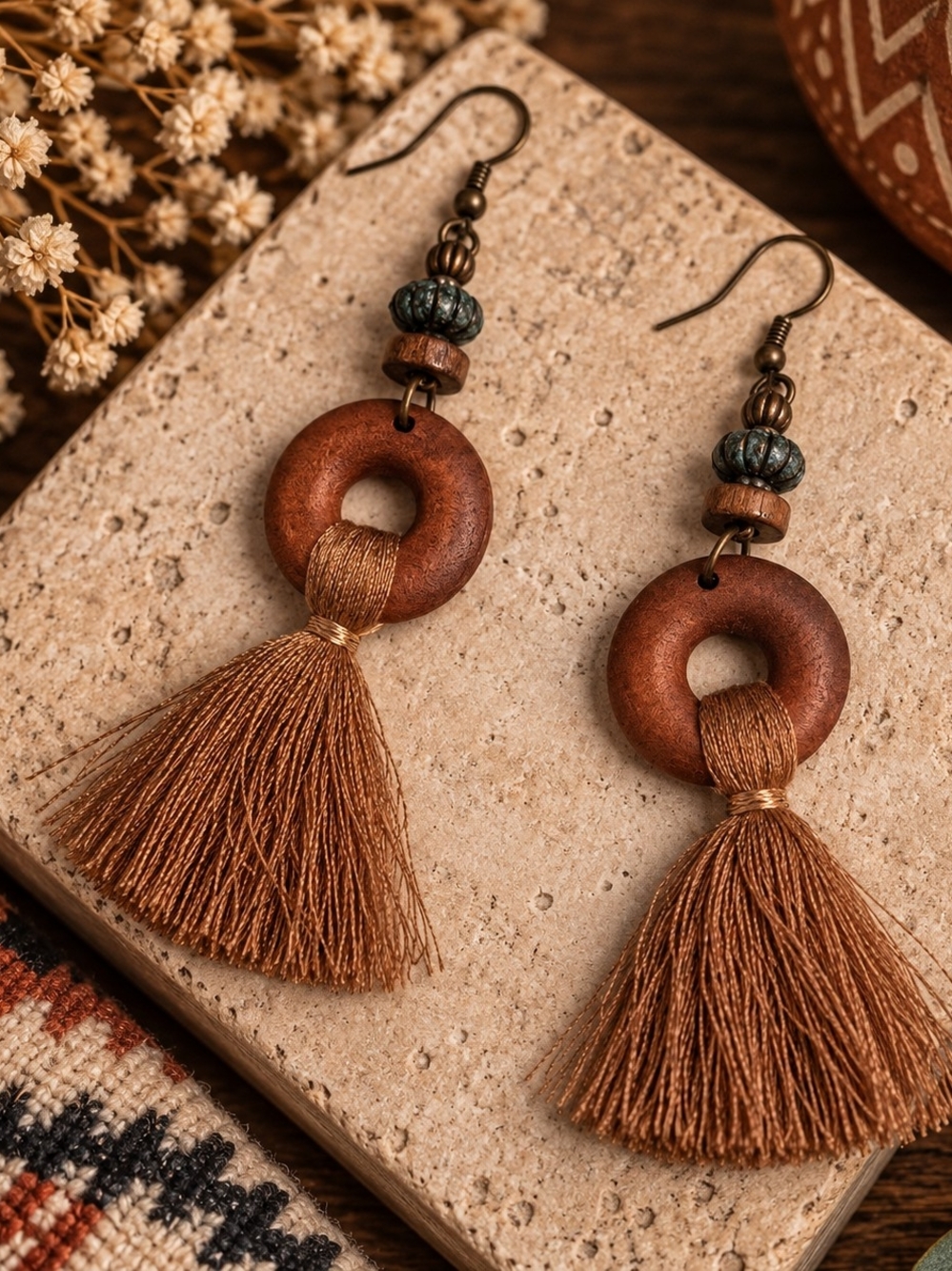 Boho Western Tassel Wood Hoop Earrings in Brown - New
